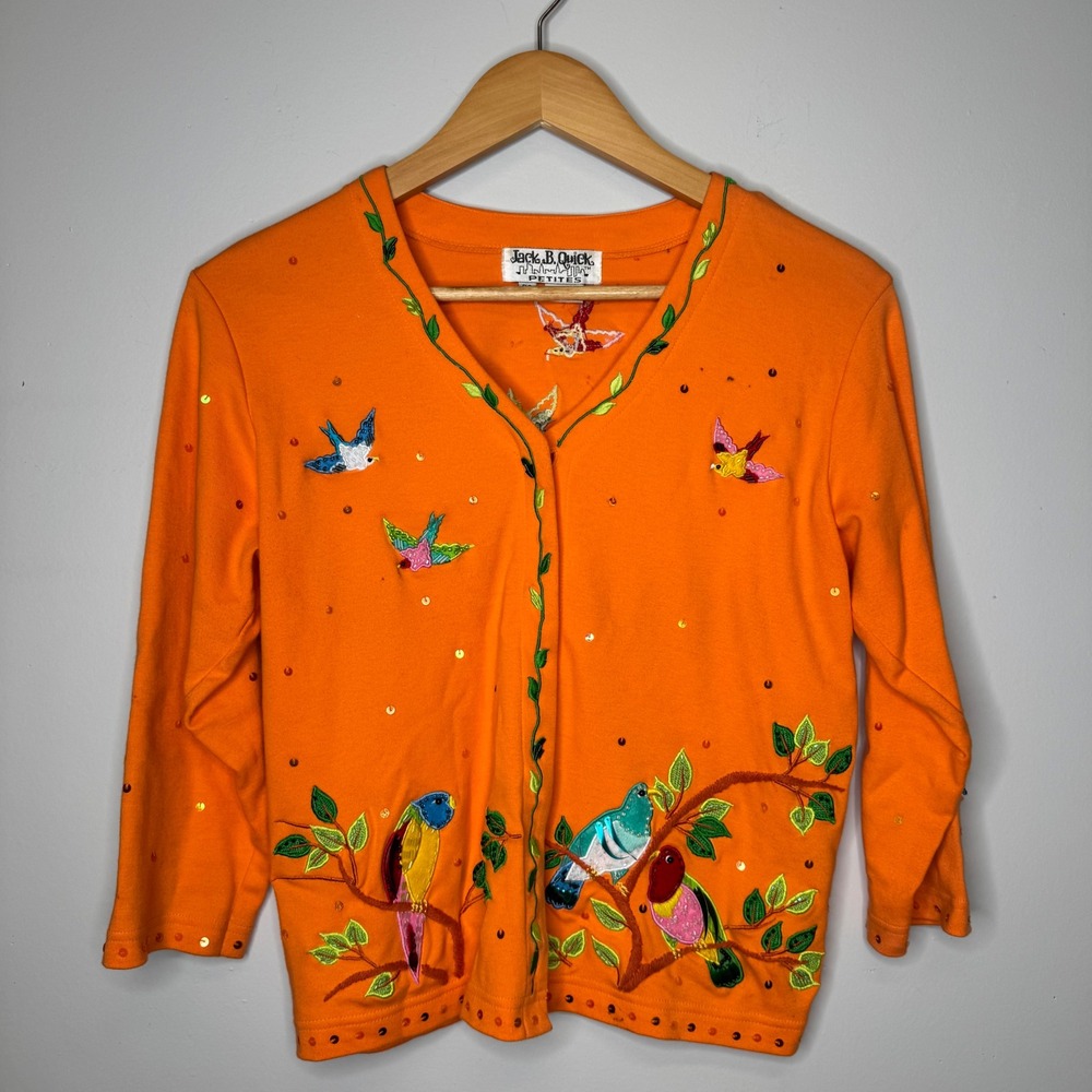 Jack B. Quick Orange Bird Embroidered Sequin Cardigan Sweater Womens Petites PS